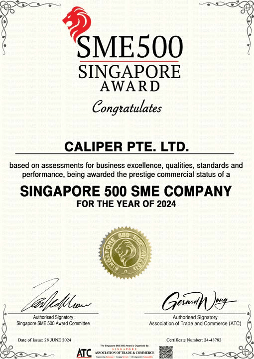 Singapore SME 500 award certificate for Caliper Pte Ltd